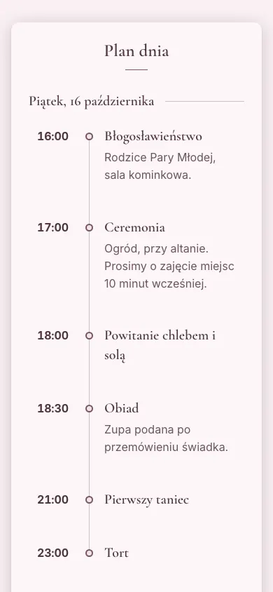 Ten sam plan dnia w zaproszeniu na telefonie: oś godzin od błogosławieństwa po tort, w palecie wydarzenia.