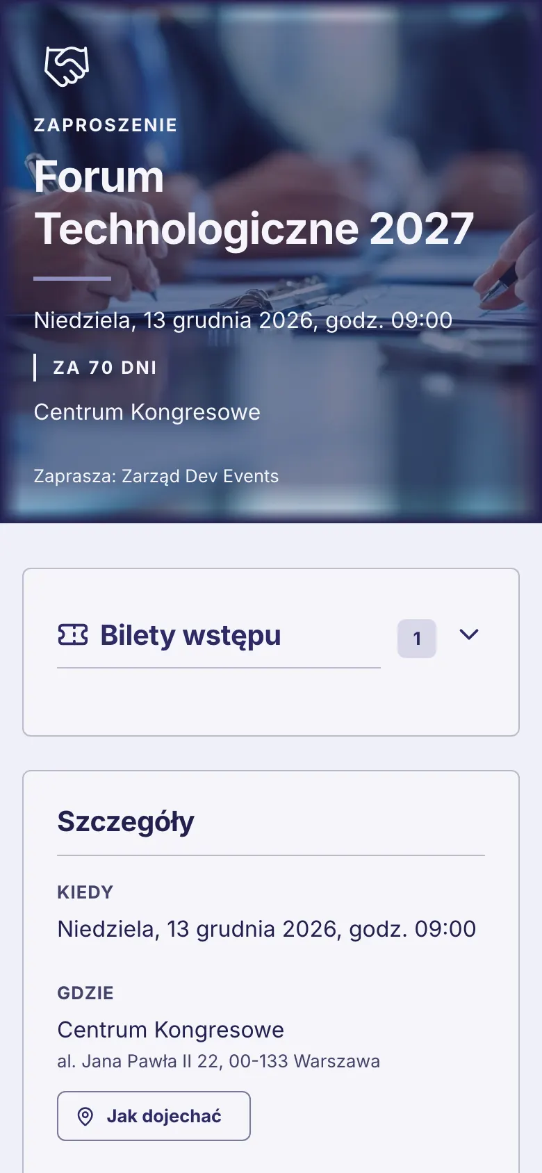 Zaproszenie firmowe ze zdjęciem wydarzenia na telefonie uczestnika: tytuł, termin, miejsce i bilet wstępu.