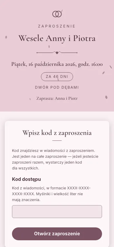 Pierwszy ekran gościa na telefonie: tytuł wesela, termin, miejsce i pole na kod dostępu z zaproszenia.