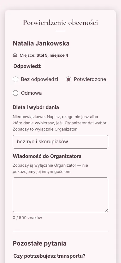 Formularz potwierdzenia obecności na telefonie: wybór odpowiedzi, pole diety i wiadomość do organizatora — osobno dla każdej osoby z grupy.