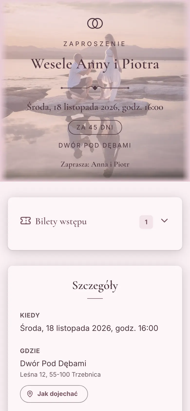 Zaproszenie weselne ze zdjęciem wydarzenia na telefonie gościa: tytuł, termin, miejsce i bilet wstępu.